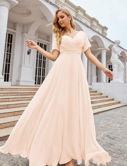 NumberSea - Numbersea Wrap V - Neck Chiffon Bridesmaid Dresses Long Formal Maxi Evening Gown for Wedding Guests SEA28049