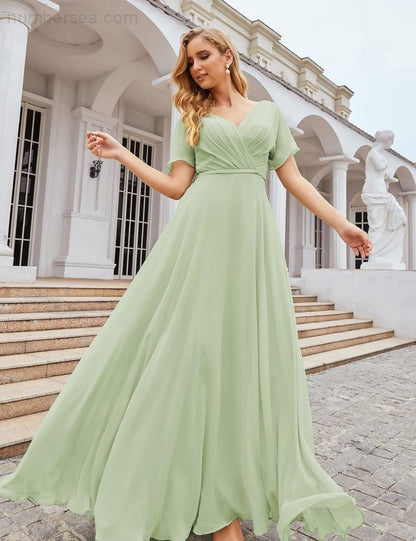 NumberSea - Numbersea Wrap V - Neck Chiffon Bridesmaid Dresses Long Formal Maxi Evening Gown for Wedding Guests SEA28049