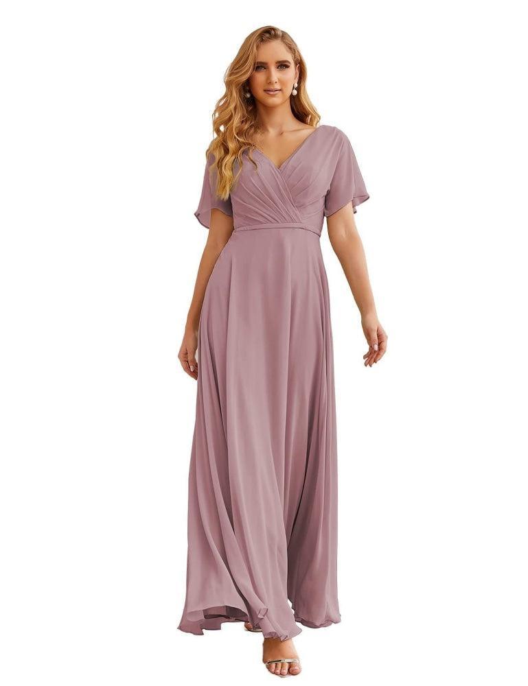 NumberSea - Numbersea Wrap V - Neck Chiffon Bridesmaid Dresses Long Formal Maxi Evening Gown for Wedding Guests SEA28049