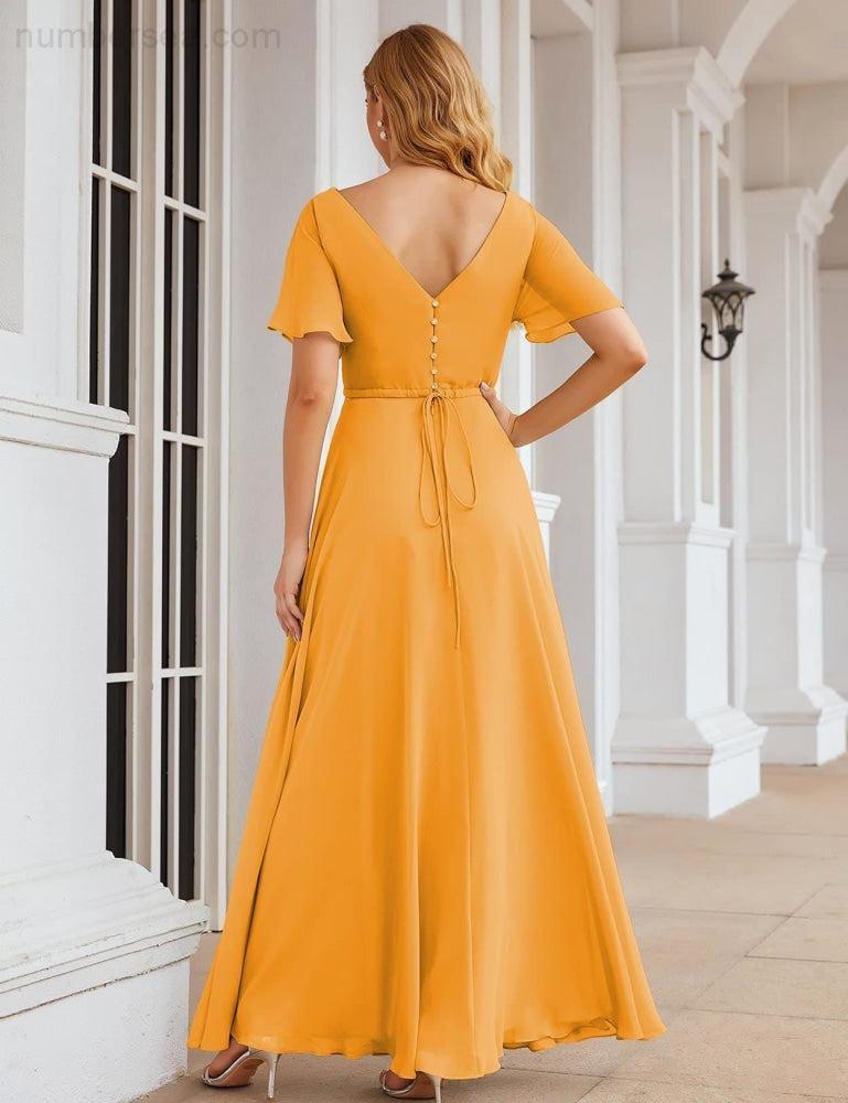 NumberSea - Numbersea Wrap V - Neck Chiffon Bridesmaid Dresses Long Formal Maxi Evening Gown for Wedding Guests SEA28049