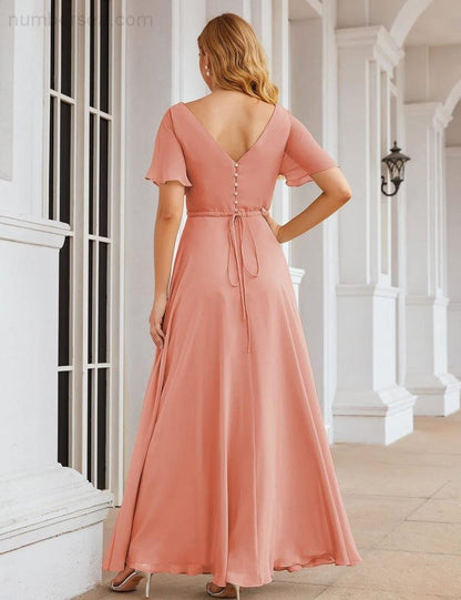 NumberSea - Numbersea Wrap V - Neck Chiffon Bridesmaid Dresses Long Formal Maxi Evening Gown for Wedding Guests SEA28049