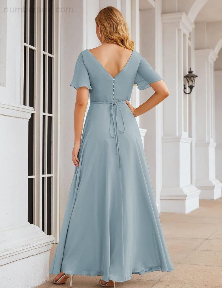 NumberSea - Numbersea Wrap V - Neck Chiffon Bridesmaid Dresses Long Formal Maxi Evening Gown for Wedding Guests SEA28049