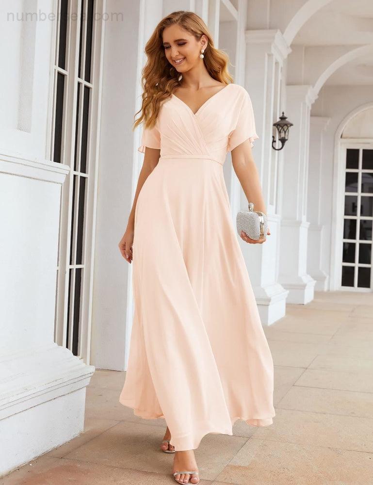 NumberSea - Numbersea Wrap V - Neck Chiffon Bridesmaid Dresses Long Formal Maxi Evening Gown for Wedding Guests SEA28049