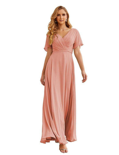 NumberSea - Numbersea Wrap V - Neck Chiffon Bridesmaid Dresses Long Formal Maxi Evening Gown for Wedding Guests SEA28049