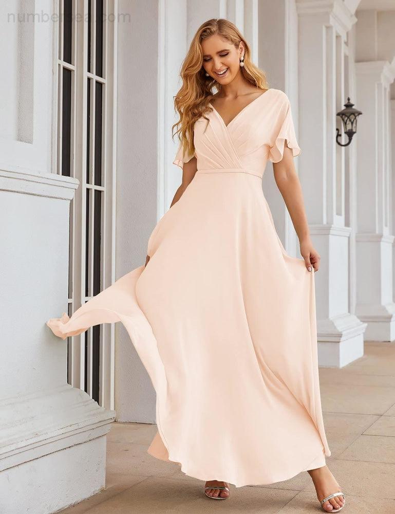 NumberSea - Numbersea Wrap V - Neck Chiffon Bridesmaid Dresses Long Formal Maxi Evening Gown for Wedding Guests SEA28049