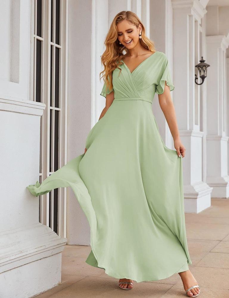 NumberSea - Numbersea Wrap V - Neck Chiffon Bridesmaid Dresses Long Formal Maxi Evening Gown for Wedding Guests SEA28049