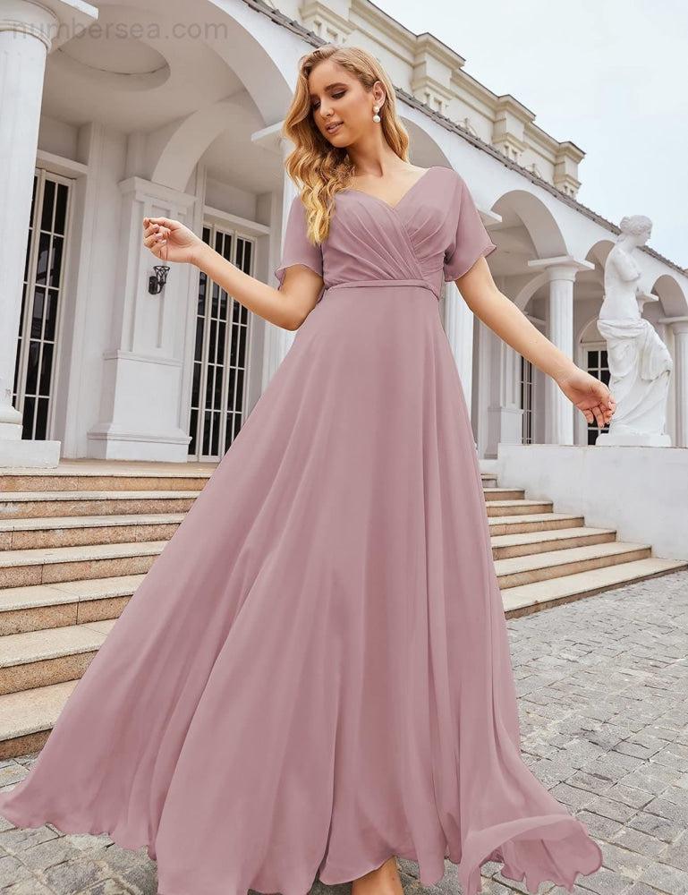 NumberSea - Numbersea Wrap V - Neck Chiffon Bridesmaid Dresses Long Formal Maxi Evening Gown for Wedding Guests SEA28049