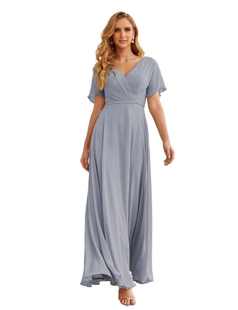 NumberSea - Numbersea Wrap V - Neck Chiffon Bridesmaid Dresses Long Formal Maxi Evening Gown for Wedding Guests SEA28049