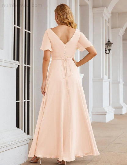 NumberSea - Numbersea Wrap V - Neck Chiffon Bridesmaid Dresses Long Formal Maxi Evening Gown for Wedding Guests SEA28049