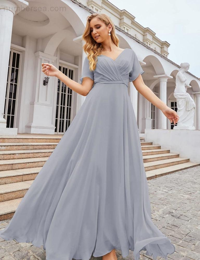 NumberSea - Numbersea Wrap V - Neck Chiffon Bridesmaid Dresses Long Formal Maxi Evening Gown for Wedding Guests SEA28049