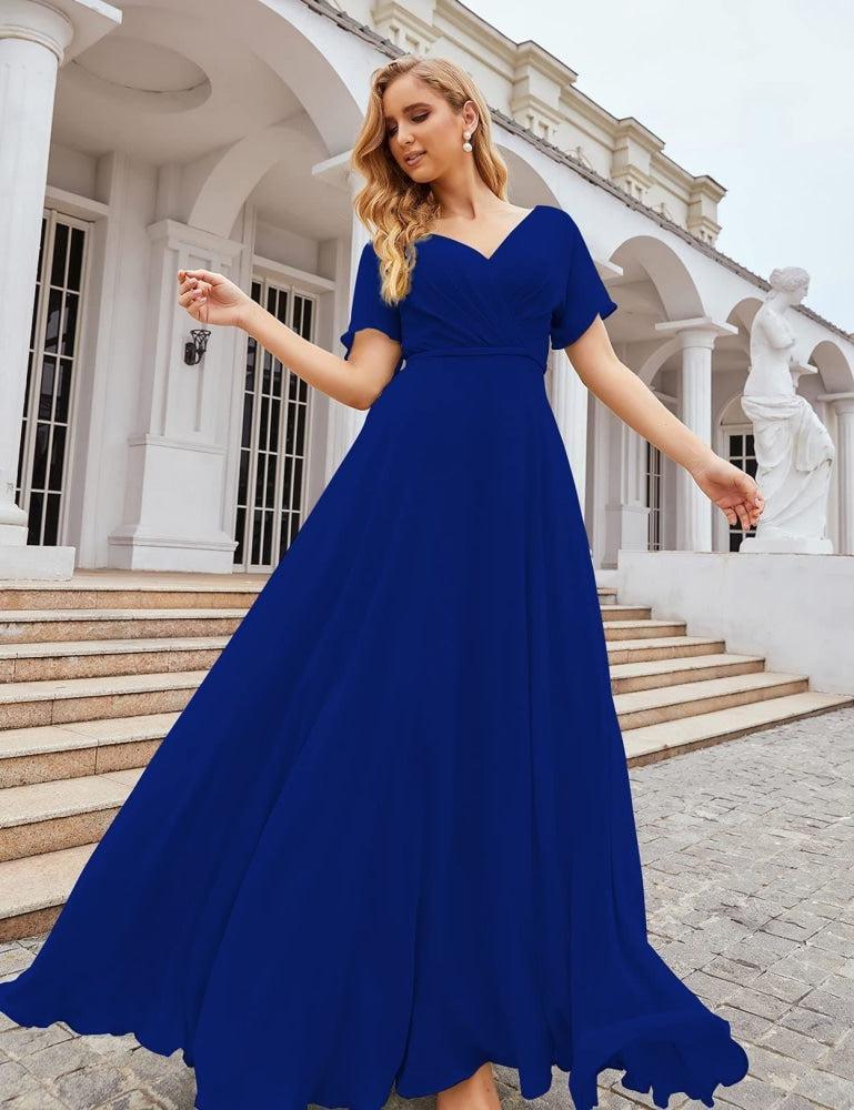 NumberSea - Numbersea Wrap V - Neck Chiffon Bridesmaid Dresses Long Formal Maxi Evening Gown for Wedding Guests SEA28049