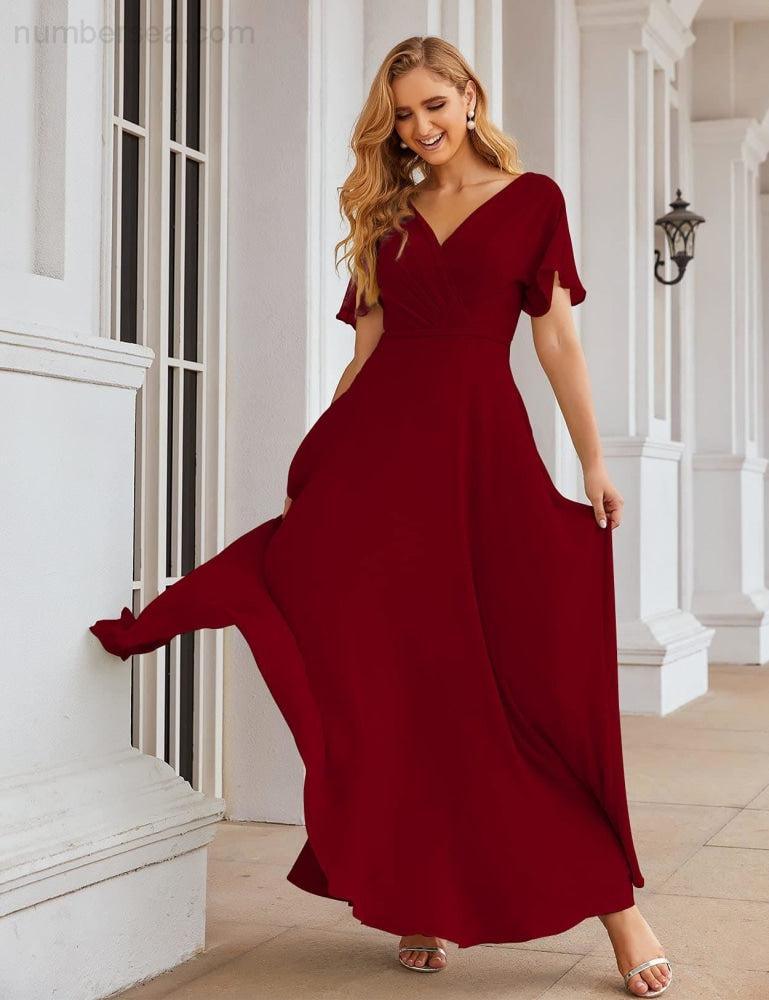 NumberSea - Numbersea Wrap V - Neck Chiffon Bridesmaid Dresses Long Formal Maxi Evening Gown for Wedding Guests SEA28049