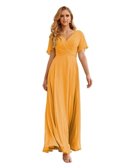 NumberSea - Numbersea Wrap V - Neck Chiffon Bridesmaid Dresses Long Formal Maxi Evening Gown for Wedding Guests SEA28049