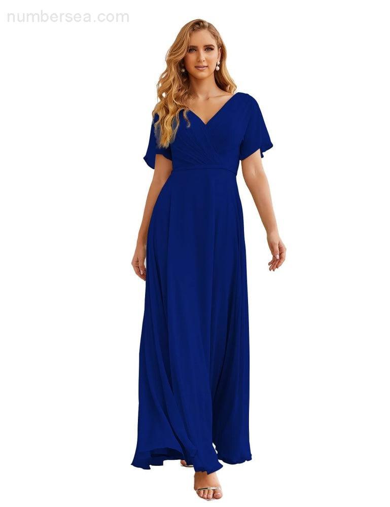 NumberSea - Numbersea Wrap V - Neck Chiffon Bridesmaid Dresses Long Formal Maxi Evening Gown for Wedding Guests SEA28049