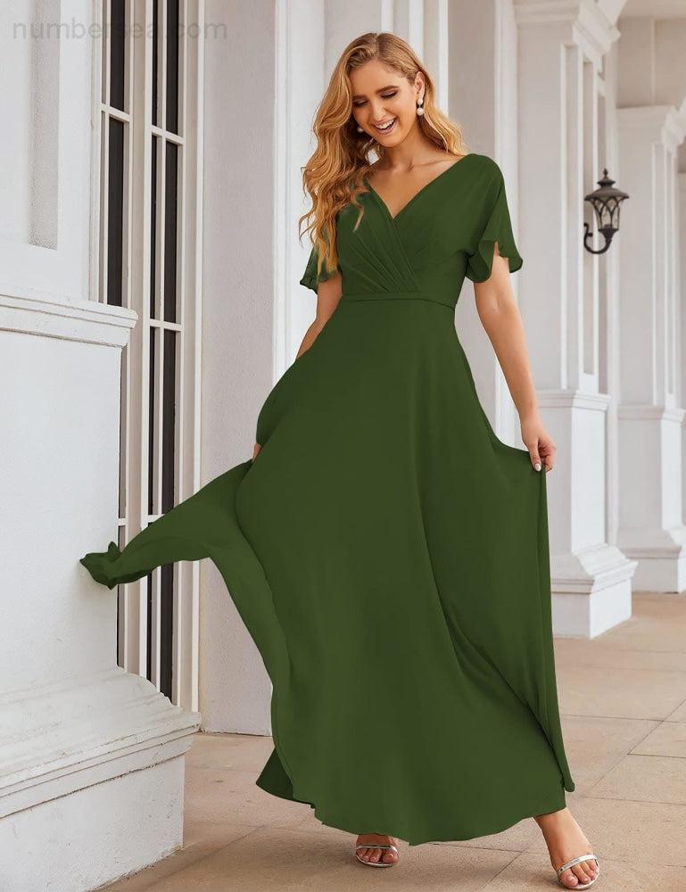 NumberSea - Numbersea Wrap V - Neck Chiffon Bridesmaid Dresses Long Formal Maxi Evening Gown for Wedding Guests SEA28049