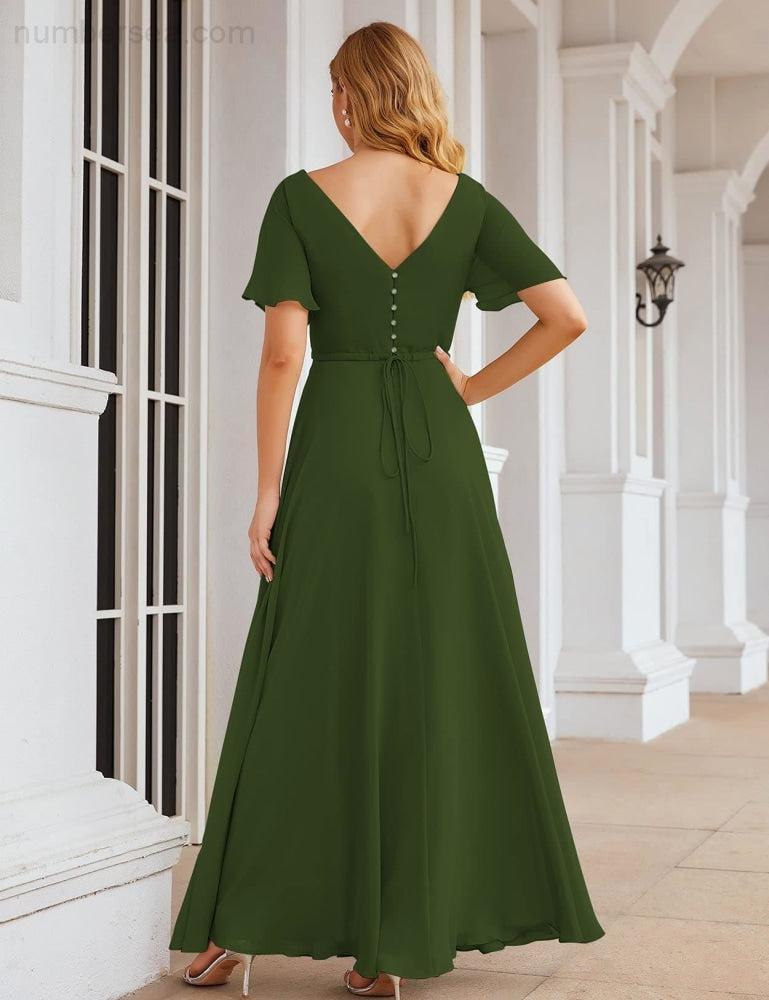 NumberSea - Numbersea Wrap V - Neck Chiffon Bridesmaid Dresses Long Formal Maxi Evening Gown for Wedding Guests SEA28049