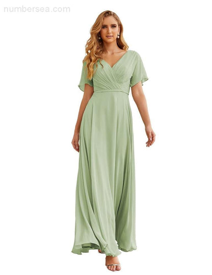 NumberSea - Numbersea Wrap V - Neck Chiffon Bridesmaid Dresses Long Formal Maxi Evening Gown for Wedding Guests SEA28049