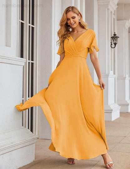 NumberSea - Numbersea Wrap V - Neck Chiffon Bridesmaid Dresses Long Formal Maxi Evening Gown for Wedding Guests SEA28049