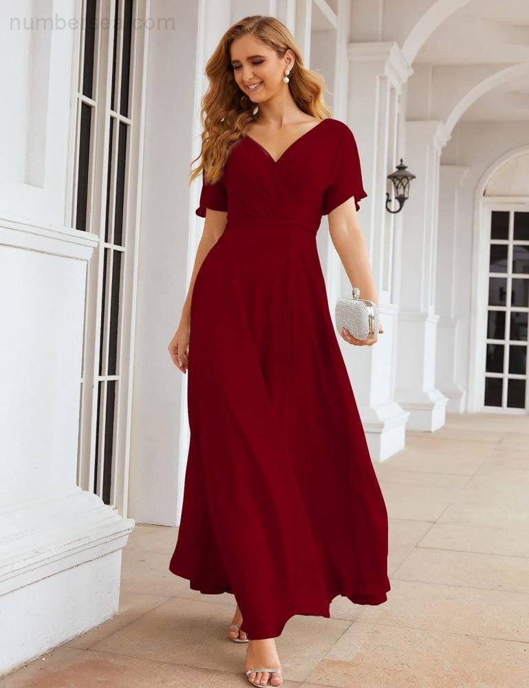 NumberSea - Numbersea Wrap V - Neck Chiffon Bridesmaid Dresses Long Formal Maxi Evening Gown for Wedding Guests SEA28049