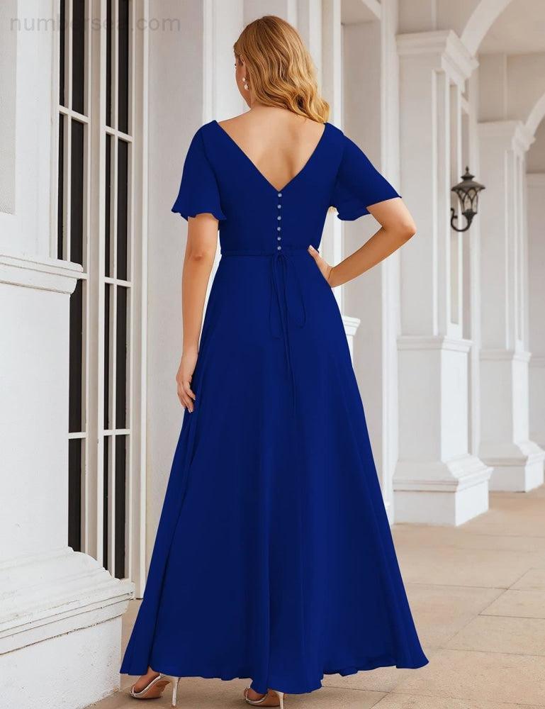 NumberSea - Numbersea Wrap V - Neck Chiffon Bridesmaid Dresses Long Formal Maxi Evening Gown for Wedding Guests SEA28049