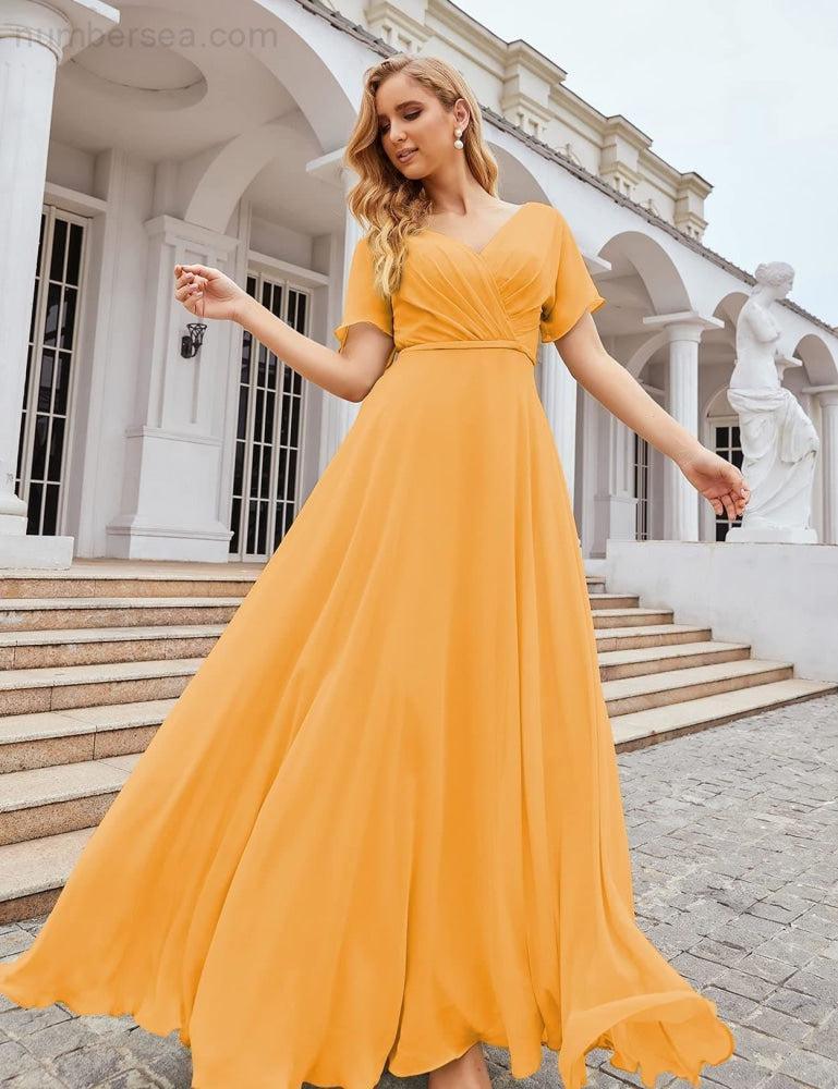 NumberSea - Numbersea Wrap V - Neck Chiffon Bridesmaid Dresses Long Formal Maxi Evening Gown for Wedding Guests SEA28049