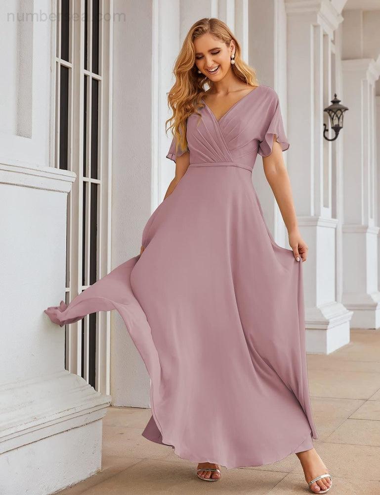 NumberSea - Numbersea Wrap V - Neck Chiffon Bridesmaid Dresses Long Formal Maxi Evening Gown for Wedding Guests SEA28049