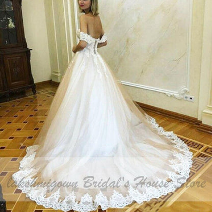 NumberSea Off Shoulder Princess Bridal Gown Vintage Lace Appliques Wedding Dresses