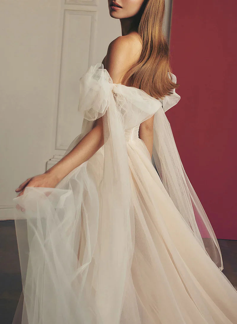 Wedding Dresses Beach Pleated Tulle Off-The-Shoulder A-Line With Slit