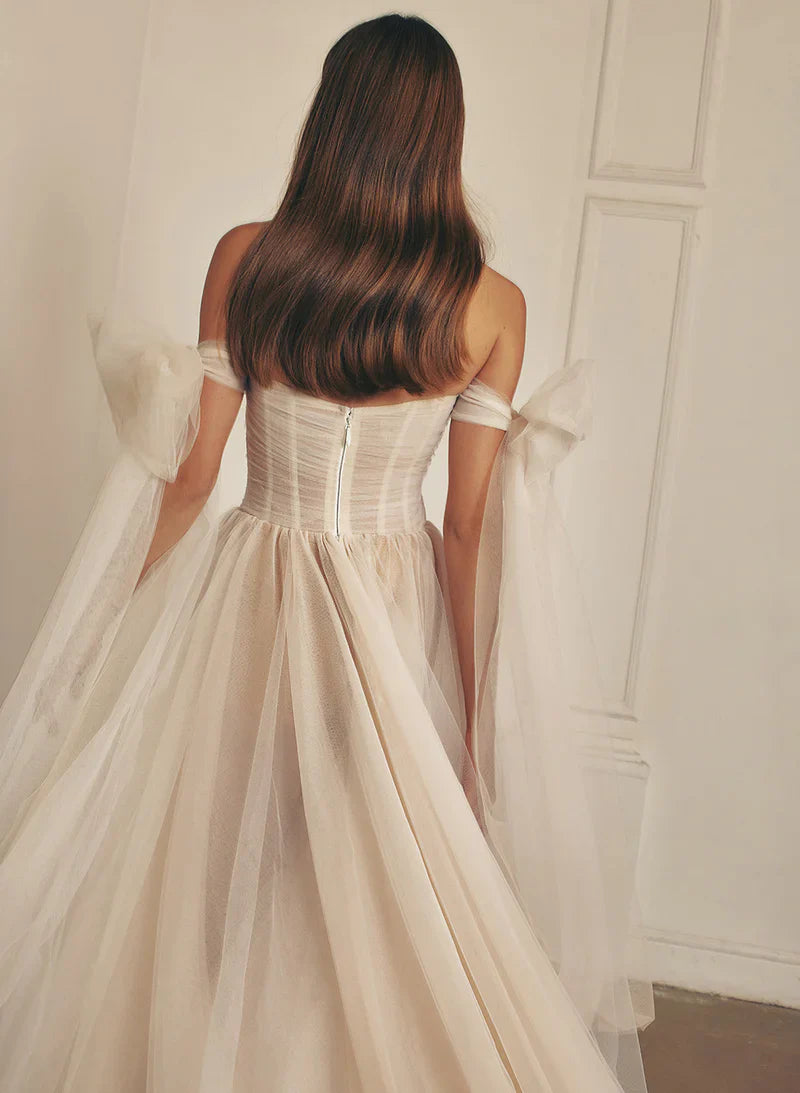 Wedding Dresses Beach Pleated Tulle Off-The-Shoulder A-Line With Slit