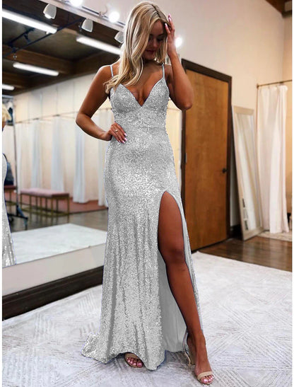 Meerjungfrau/Trompete Ballkleider Sparkle &amp; Shine Kleid Formale Hochzeit Party Sweep/Pinsel Zug Ärmellos V-Ausschnitt Pailletten Rückenfrei mit Glitzer Pailletten