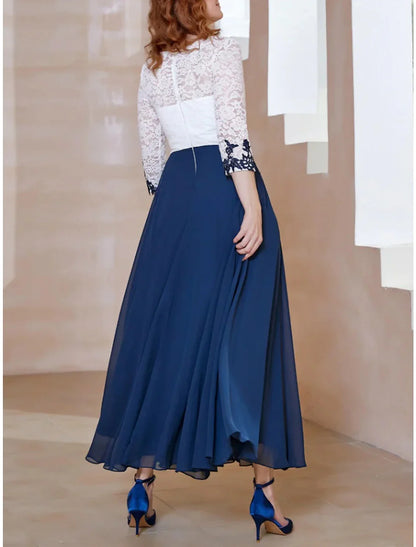 Numbersea A-Line Mother of the Bride Dress Wedding Guest Elegant Scoop Neck Ankle Length Chiffon 3/4 Length Sleeve with Lace