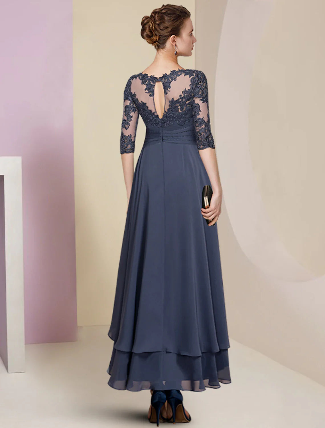 Sheath / Column Mother of the Bride Dress Wedding Guest Party Elegant High Low Jewel Neck Asymmetrical Chiffon Lace Half Sleeve with Pleats Solid Color