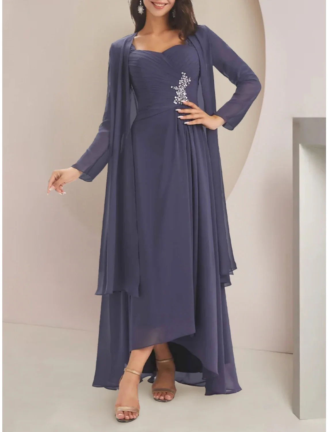 Two Piece A-Line Mother of the Bride Dress Wedding Guest Elegant Sweetheart Asymmetrical Ankle Length Chiffon Long Sleeve with Crystal Brooch Ruching Solid Color