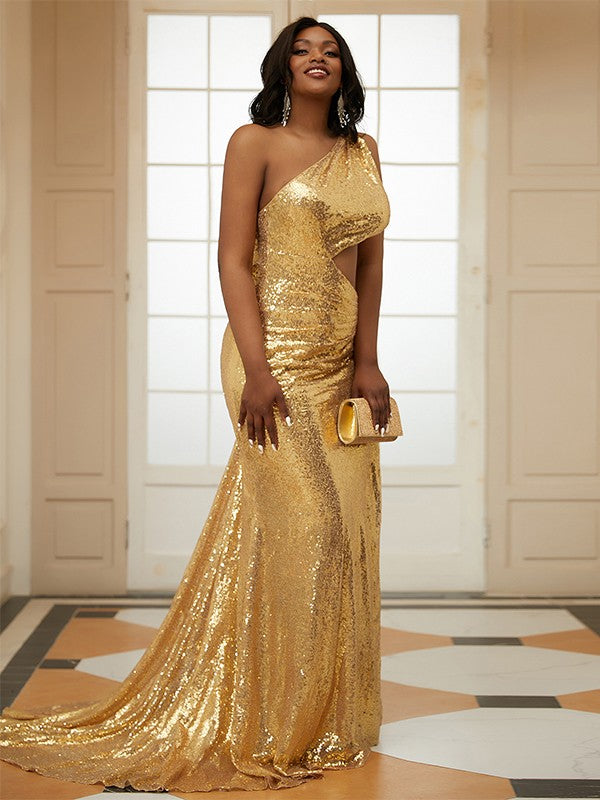 Sheath/Column Sequins Ruched One-Shoulder Sleeveless Sweep/Brush Train Dresses