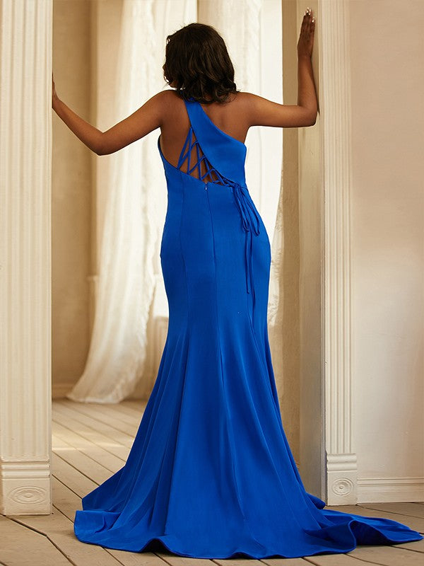 Sheath/Column Jersey Ruffles One-Shoulder Sleeveless Sweep/Brush Train Dresses