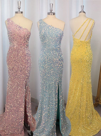 Sheath/Column Sequins One-Shoulder Sleeveless Sweep/Brush Train Dresses