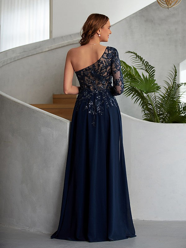 Sheath/Column Chiffon Applique One-Shoulder Long Sleeves Floor-Length Dresses