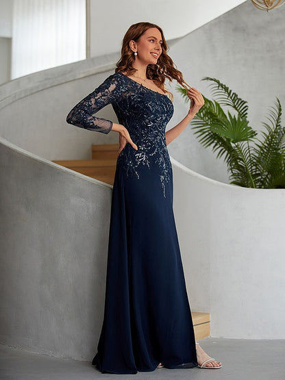 Sheath/Column Chiffon Applique One-Shoulder Long Sleeves Floor-Length Dresses