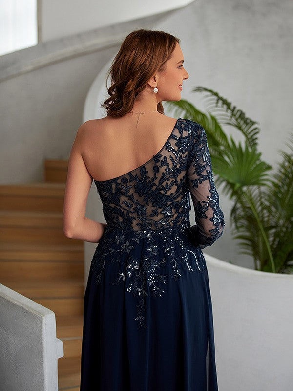 Sheath/Column Chiffon Applique One-Shoulder Long Sleeves Floor-Length Dresses