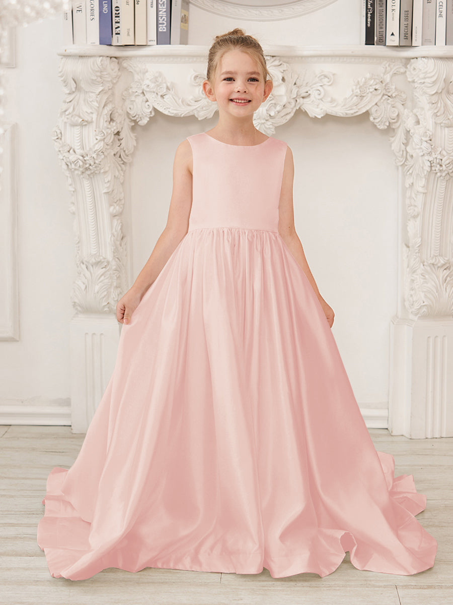 NumberSea - A - Line Princess Sleeveless Satin Flower Girl Dress with Sweep Train and Bow