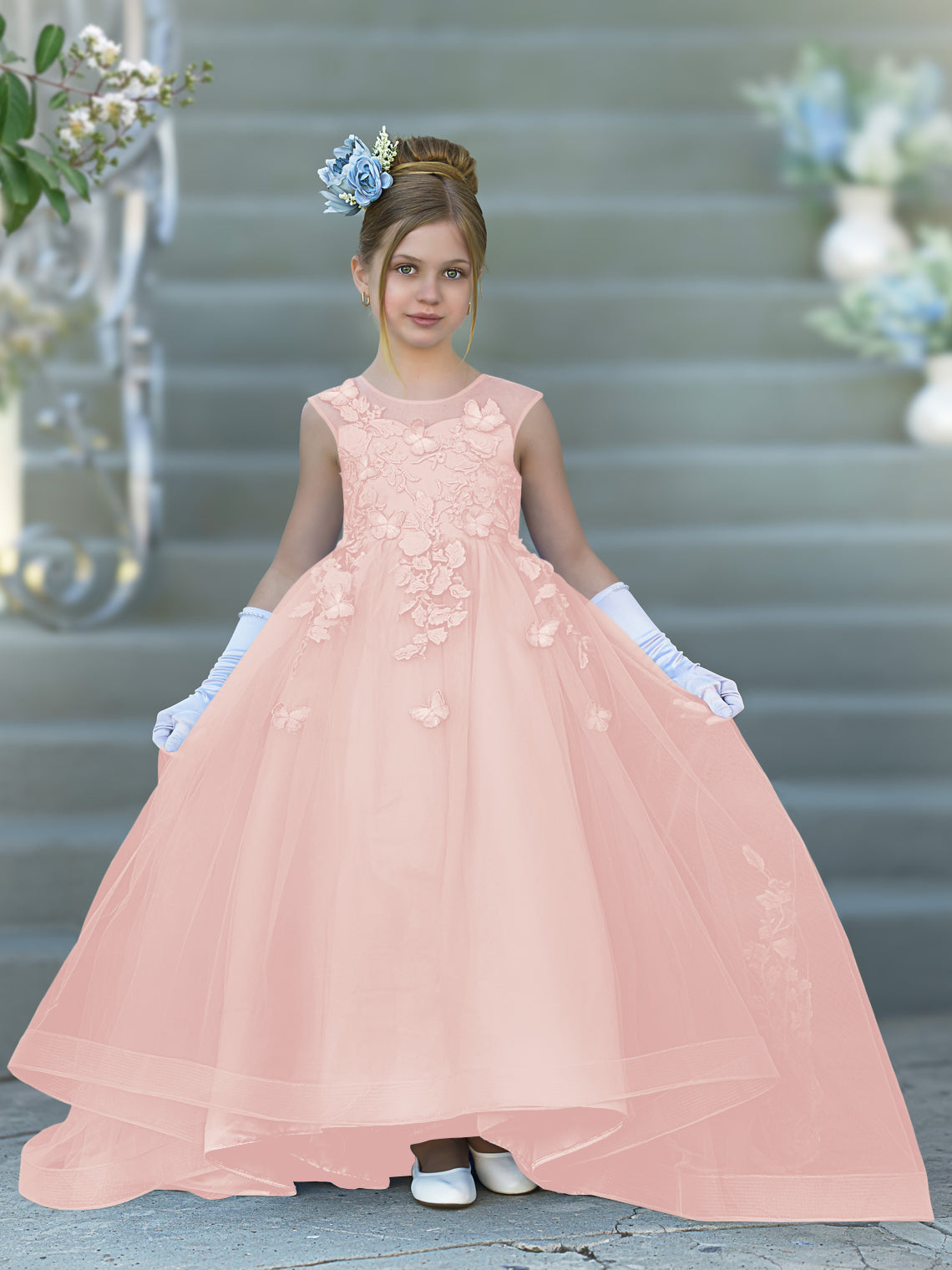 Serenity Princess Ball Gown with Lace Appliques and Butterfly Embellishments