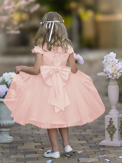 Satin Tulle Tea-length Ivory First Communion Flower Girl Dress