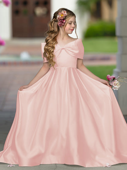 Elegant Ivory Satin Princess Ball Gown with Sweep Train and Bow for Flower Girls