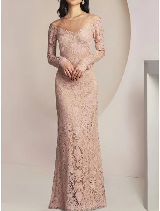 Sheath / Column Mother of the Bride Dress Wedding Guest Elegant Illusion Neck Floor Length Lace Long Sleeve with Solid Color