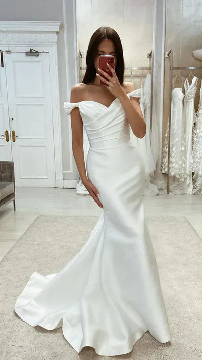 Wedding Dress Chic Satin Mermaid Off-Shoulder Ruched With Train Beach