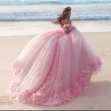 NumberSea Romantic Poofy Pink Floral Wedding Dresses Off the Shoulder