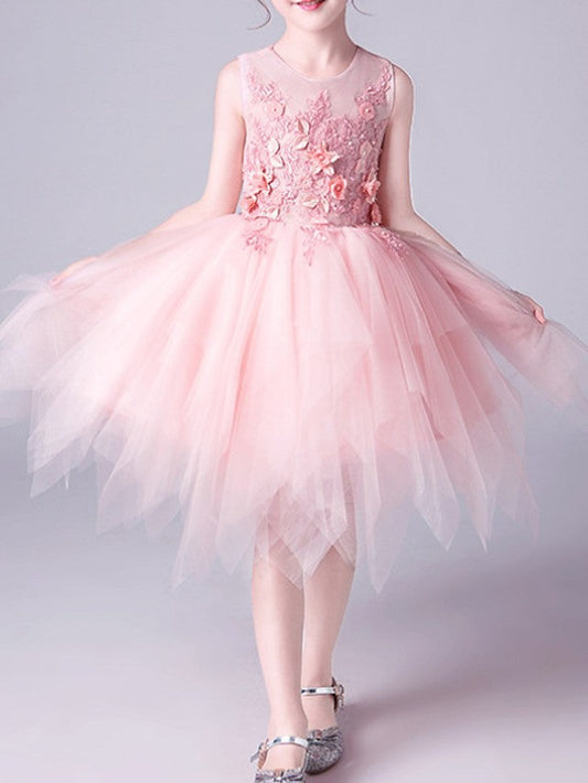 Pink Short A-Line Tulle Jewel Neck Pageant Flower Girl Dresses