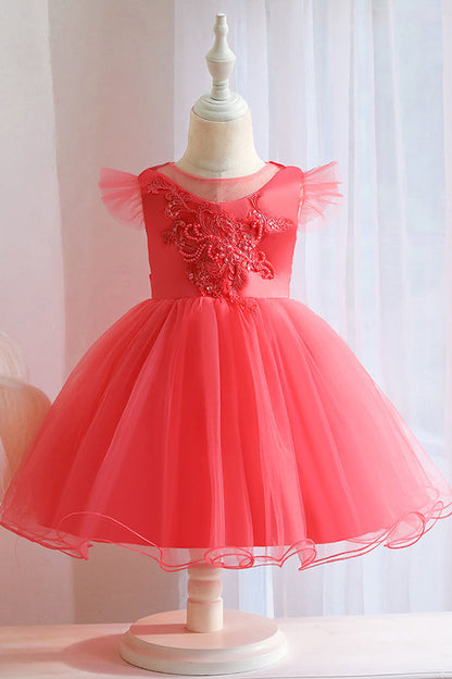 Pink Short Ball Gown Floral Appliques Tulle Flower Girl Dresses