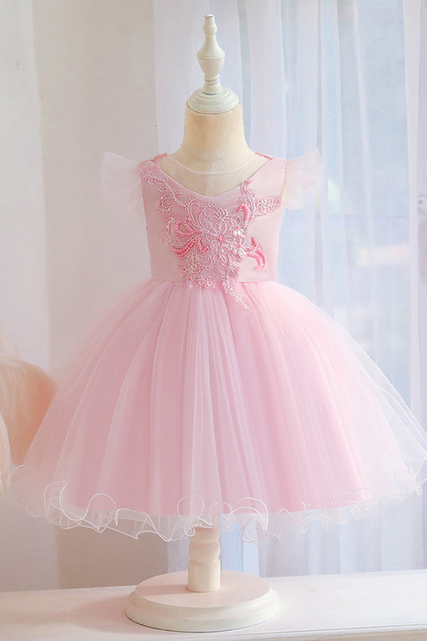 Pink Short Ball Gown Floral Appliques Tulle Flower Girl Dresses