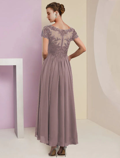 Zweiteiliges A-Linien-Kleid für die Mutter der Braut, formelle Hochzeitsgäste, elegantes V-Ausschnitt-Kleid in wadenlanger Chiffon-Spitze, kurzärmelige Jackenkleider mit Faltenapplikationen